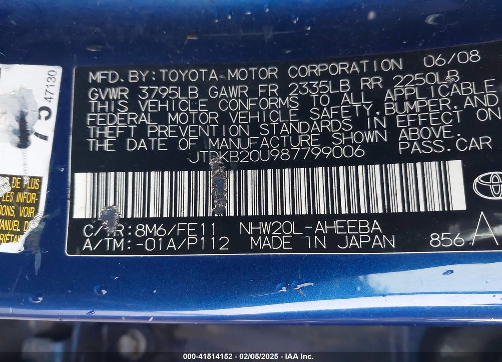 2008 TOYOTA PRIUS VIN: JTDKB20U987799006