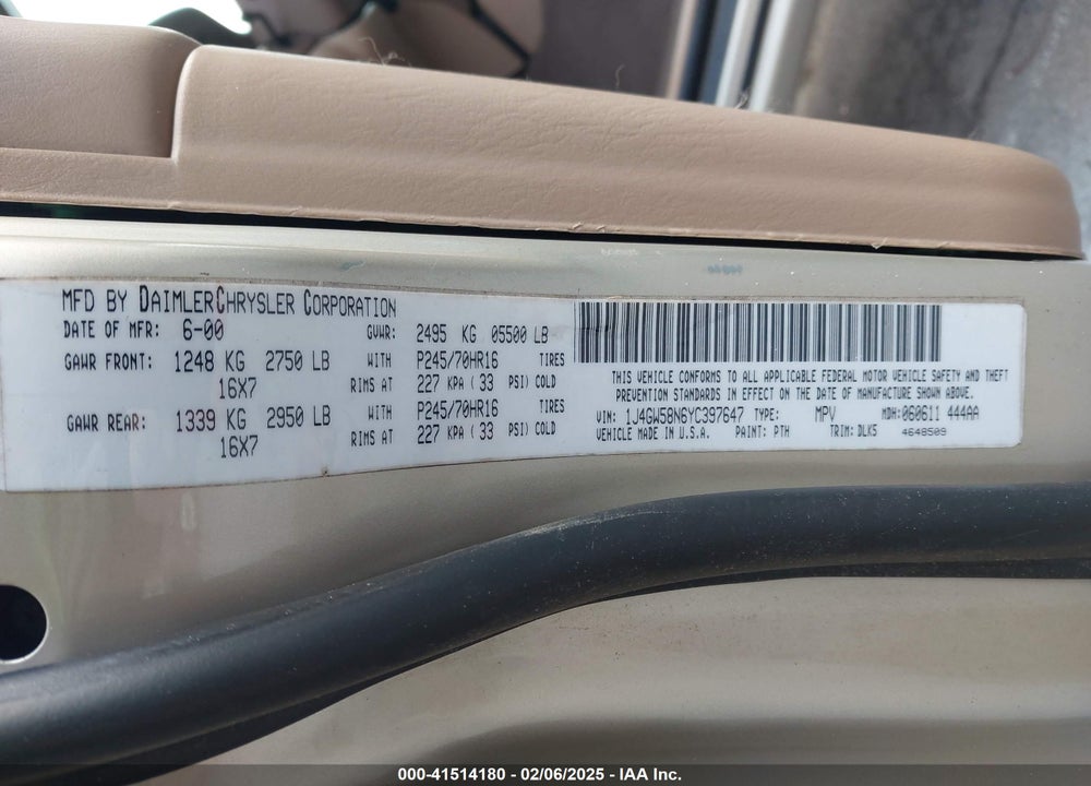 2000 JEEP GRAND CHEROKEE LIMITED VIN: 1J4GW58N6YC397647