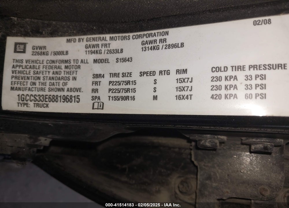 2008 CHEVROLET COLORADO LT VIN: 1GCCS33E688196815