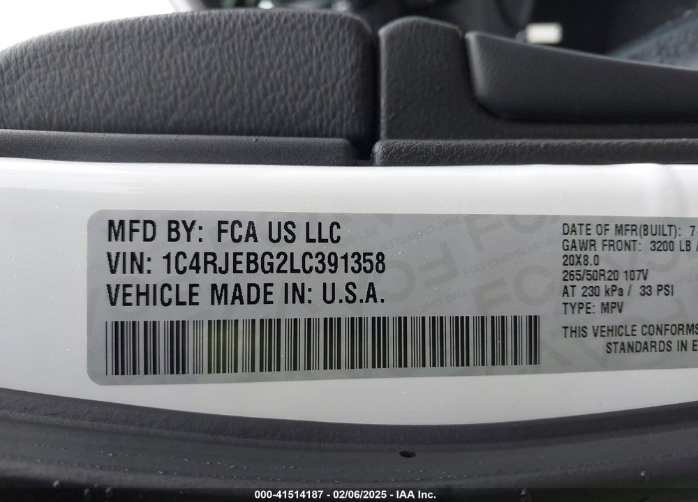 2020 JEEP GRAND CHEROKEE VIN: 1C4RJEBG2LC391358