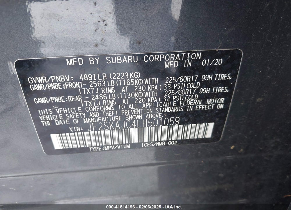 2020 SUBARU FORESTER PREMIUM VIN: JF2SKAJC4LH501059
