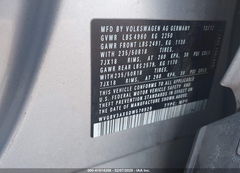 2013 VOLKSWAGEN TIGUAN SE VIN: WVGBV3AX6DW570929