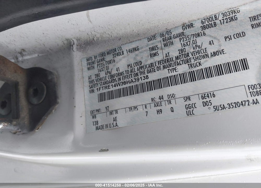 2006 FORD E 150 VIN: 1FTRE14W36HA39138