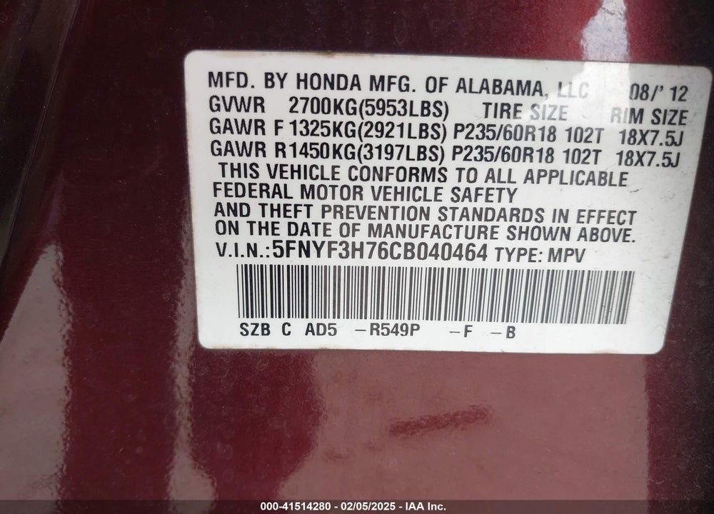 2012 HONDA PILOT EX-L VIN: 5FNYF3H76CB040464