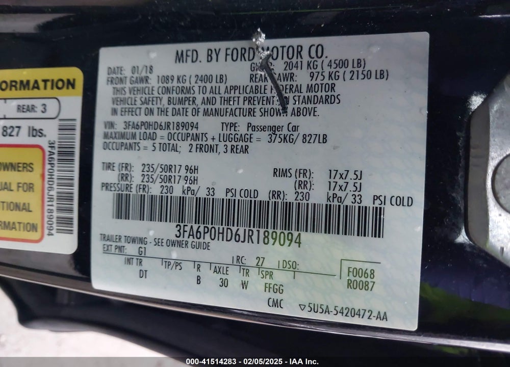 2018 FORD FUSION VIN: 3FA6P0HD6JR189094