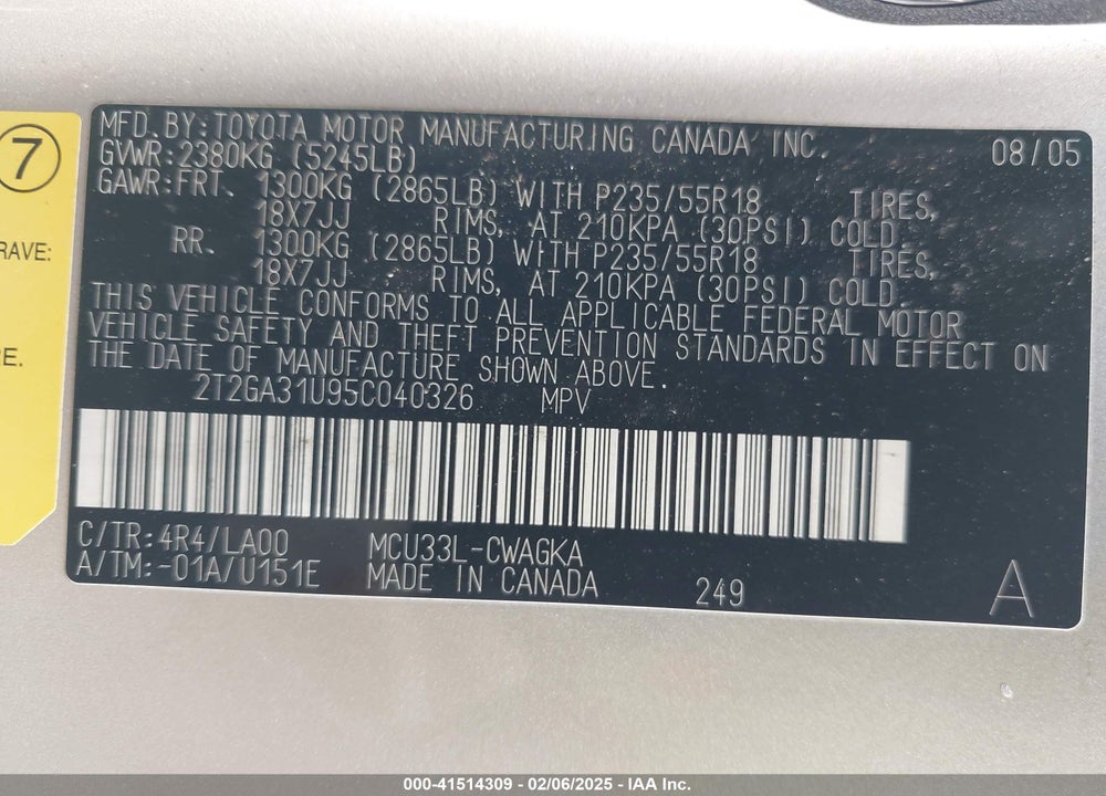 2005 LEXUS RX 330 VIN: 2T2GA31U95C040326