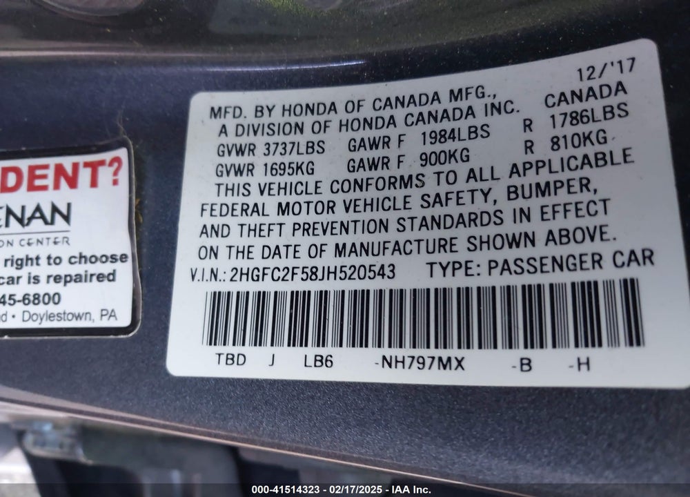 2018 HONDA CIVIC LX VIN: 2HGFC2F58JH520543