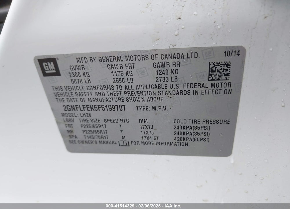 2015 CHEVROLET EQUINOX 1LT VIN: 2GNFLFEK6F6199707