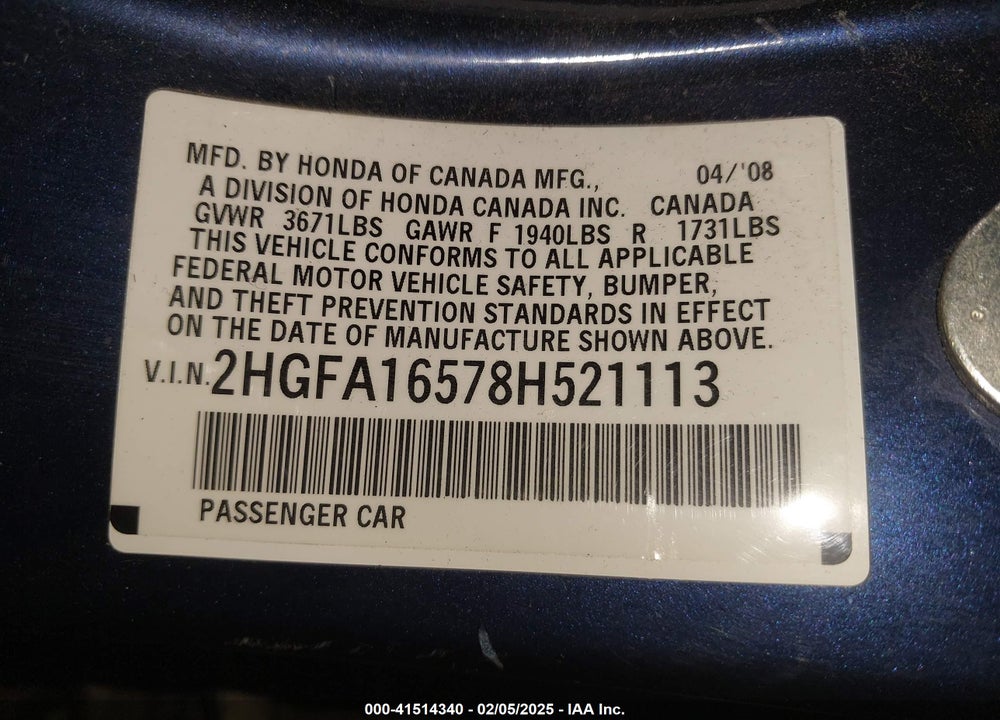 2008 HONDA CIVIC LX VIN: 2HGFA16578H521113