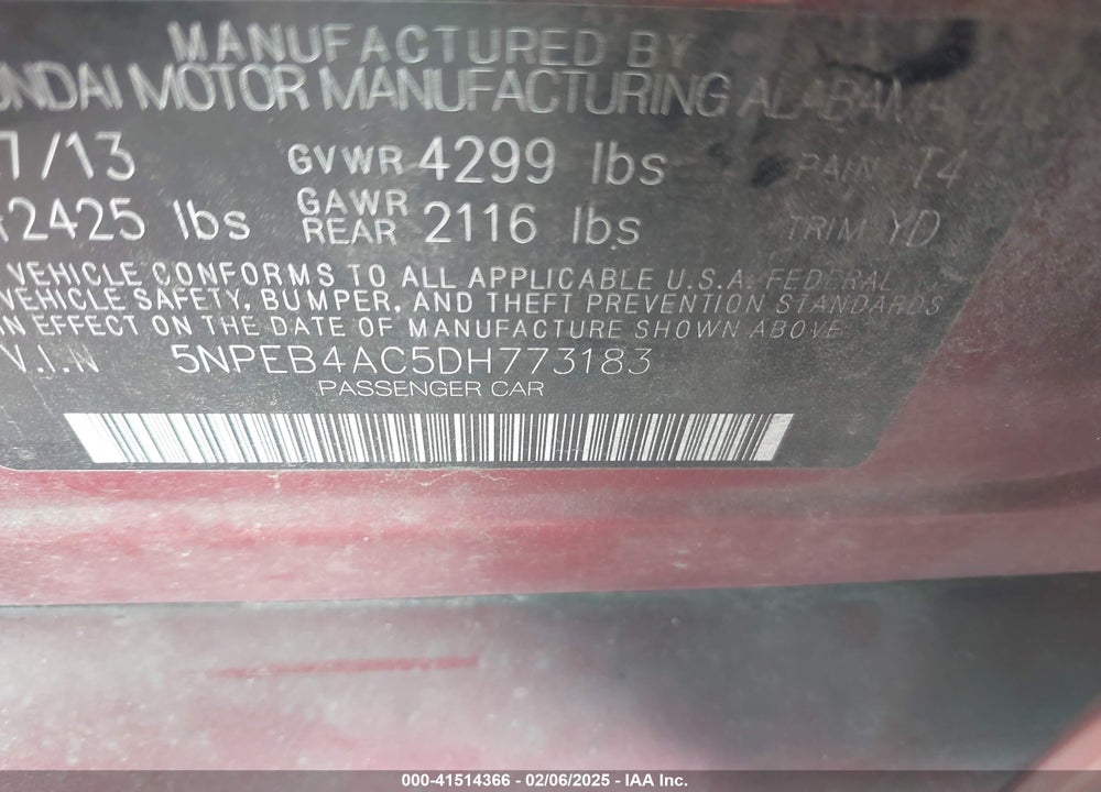 2013 HYUNDAI SONATA VIN: 5NPEB4AC5DH773183