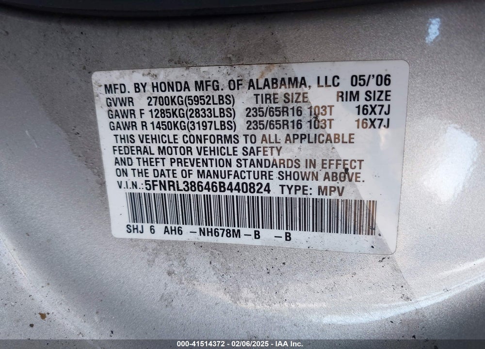 2006 HONDA ODYSSEY EX-L VIN: 5FNRL38646B440824