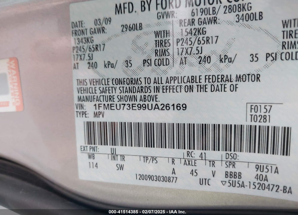 2009 FORD EXPLORER XLT VIN: 1FMEU73E99UA26169