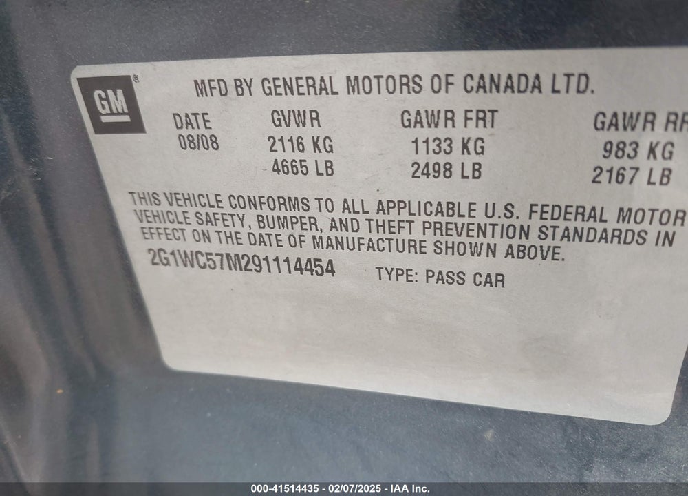 2009 CHEVROLET IMPALA VIN: 2G1WC57M291114454