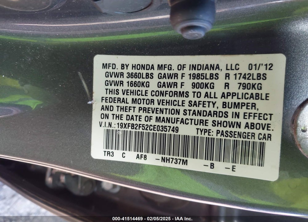2012 HONDA CIVIC SDN LX VIN: 19XFB2F52CE035749