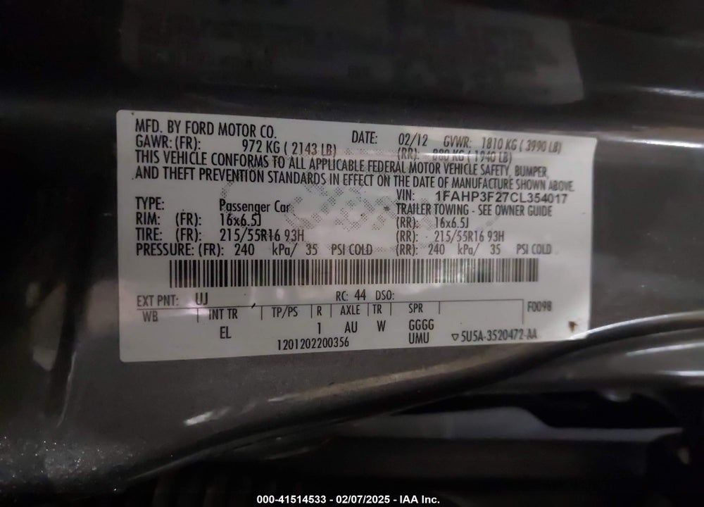 2012 FORD FOCUS SE VIN: 1FAHP3F27CL354017