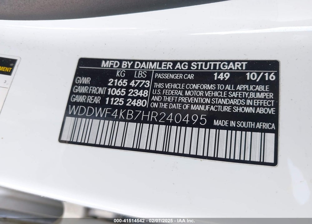 2017 MERCEDES-BENZ C 300 VIN: WDDWF4KB7HR240495
