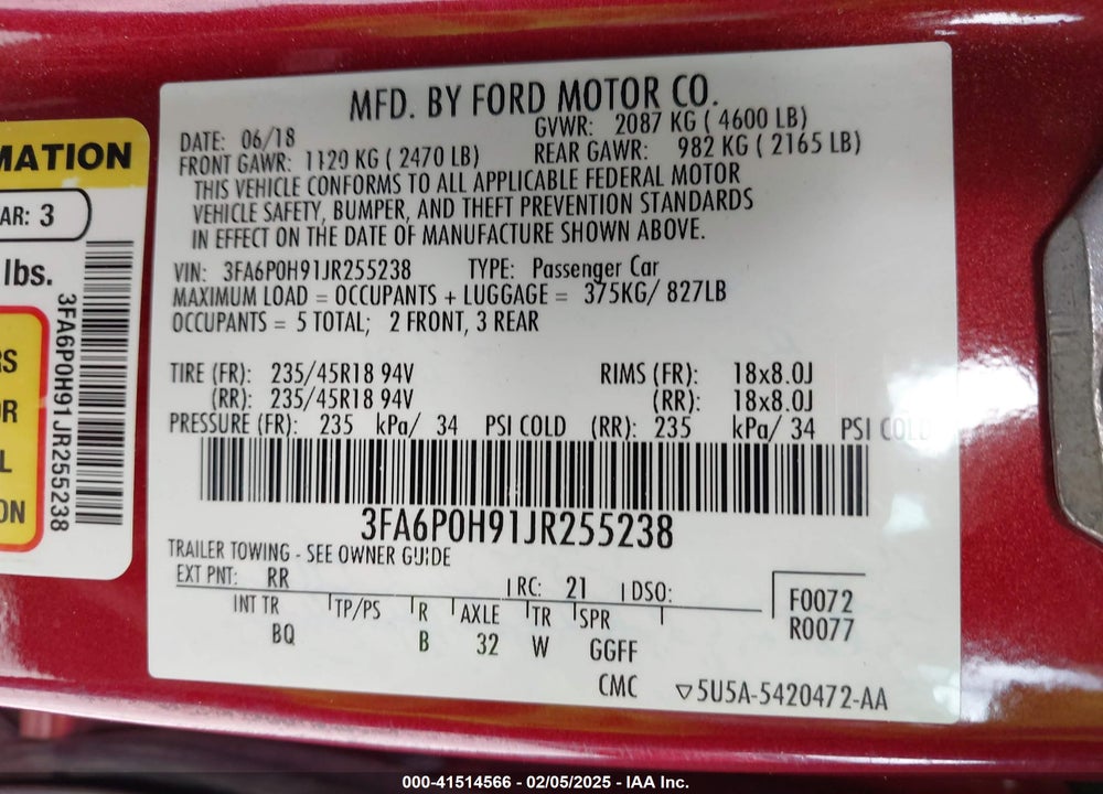2018 FORD FUSION VIN: 3FA6P0H91JR255238