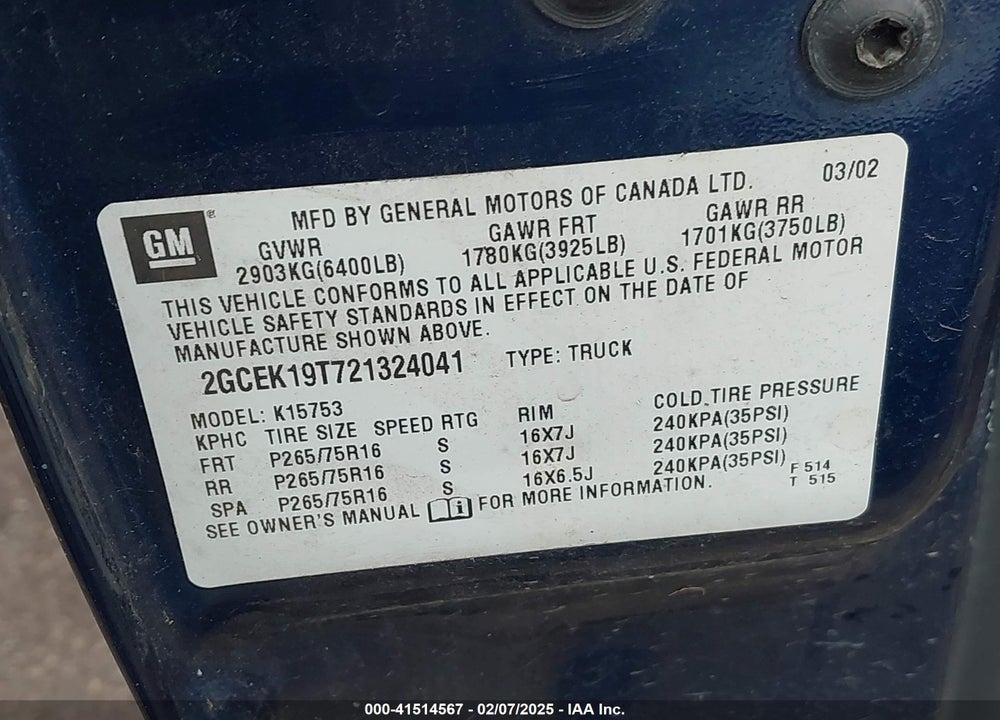 2002 CHEVROLET SILVERADO 1500 LS VIN: 2GCEK19T721324041