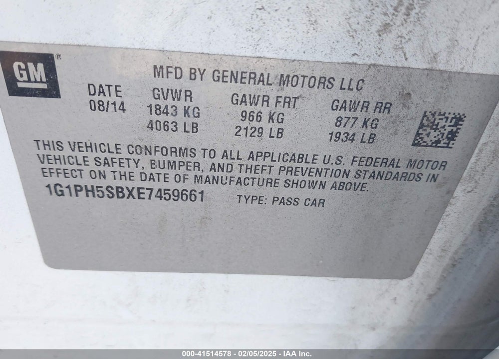 2014 CHEVROLET CRUZE VIN: 1G1PH5SBXE7459661