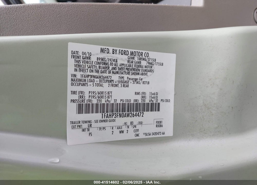 2010 FORD FOCUS VIN: 1FAHP3FN0AW264472