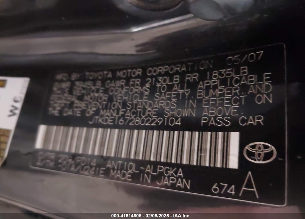 2008 SCION TC VIN: JTKDE167280229104