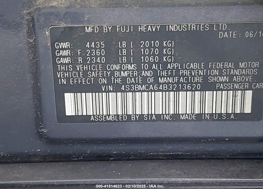 2011 SUBARU LEGACY VIN: 4S3BMCA64B3213620