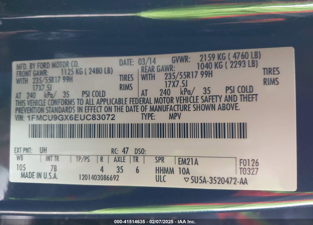 2014 FORD ESCAPE SE VIN: 1FMCU9GX6EUC83072