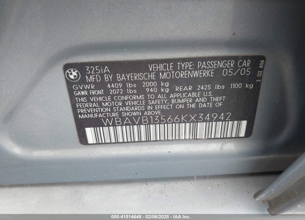 2006 BMW 325I VIN: WBAVB13566KX34942