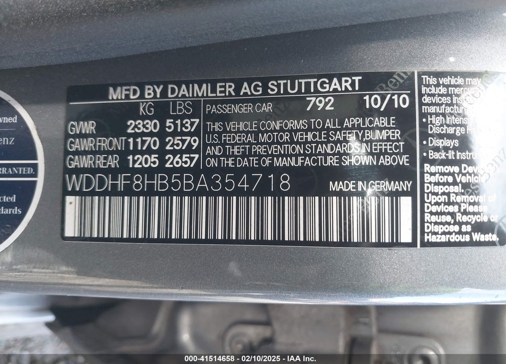 2011 MERCEDES-BENZ E 350 4MATIC VIN: WDDHF8HB5BA354718