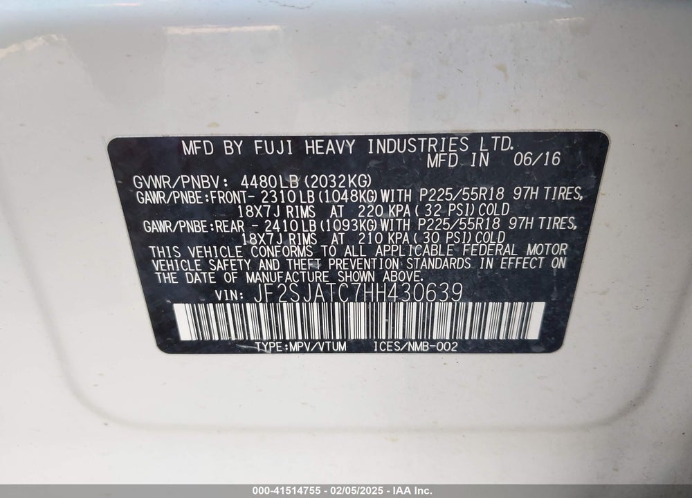 2017 SUBARU FORESTER 2.5I TOURING VIN: JF2SJATC7HH430639