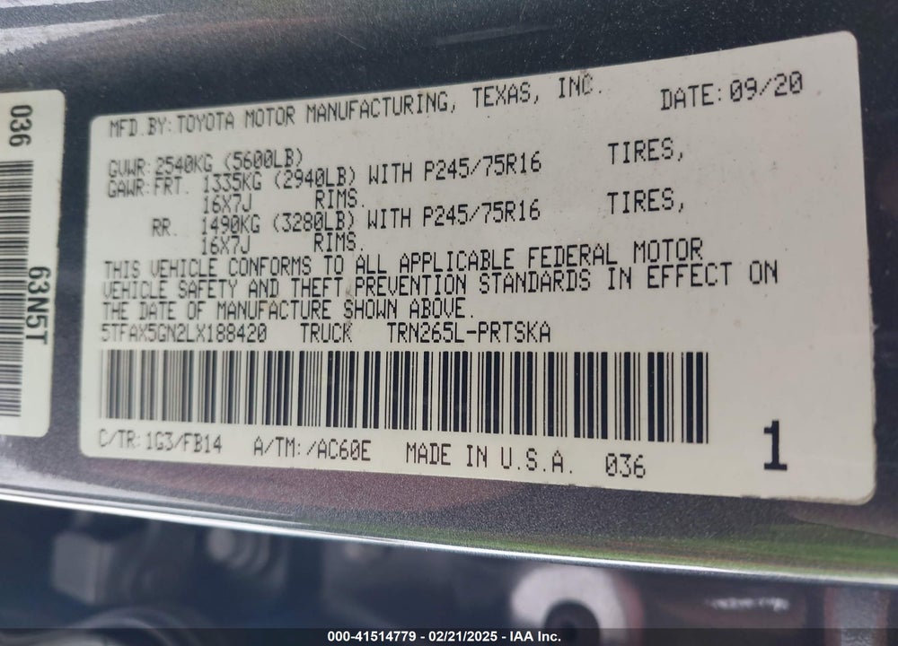 2020 TOYOTA TACOMA VIN: 5TFAX5GN2LX188420