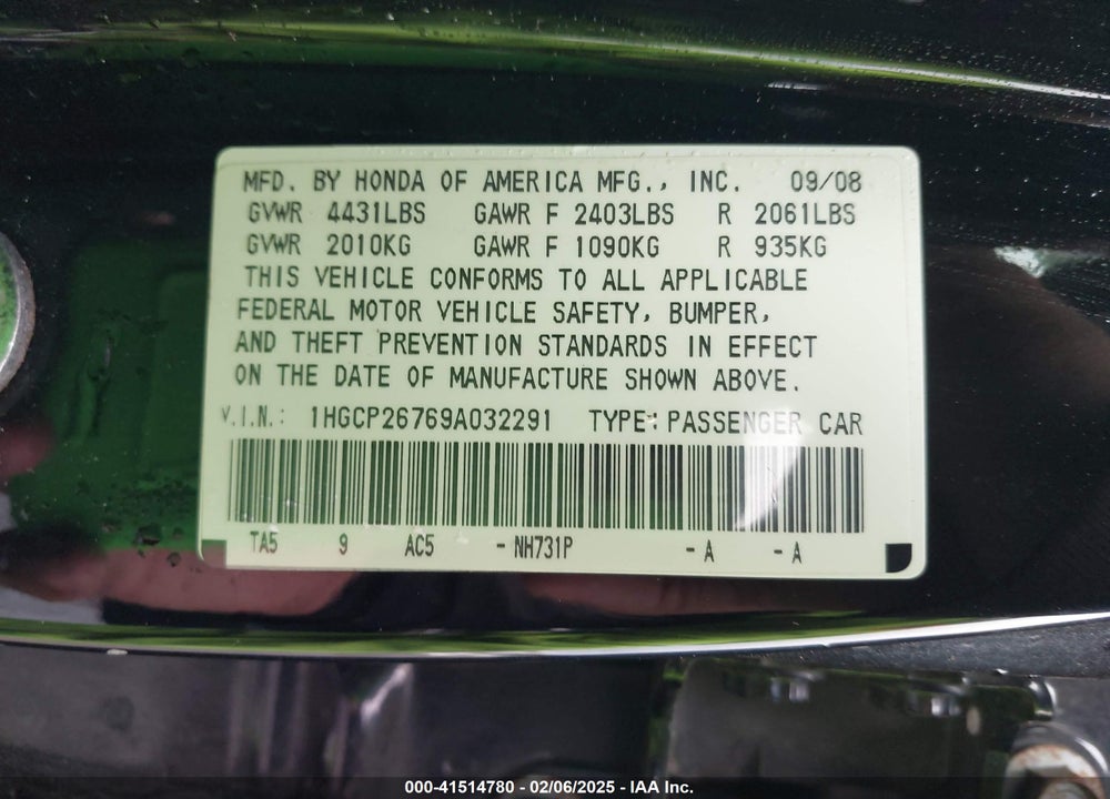 2009 HONDA ACCORD 2.4 EX VIN: 1HGCP26769A032291