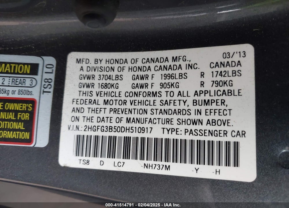 2013 HONDA CIVIC VIN: 2HGFG3B50DH510917