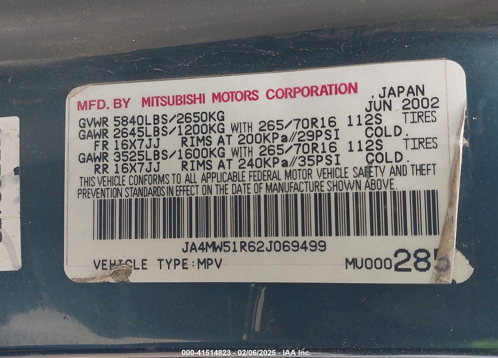 2002 MITSUBISHI MONTERO VIN: JA4MW51R62J069499