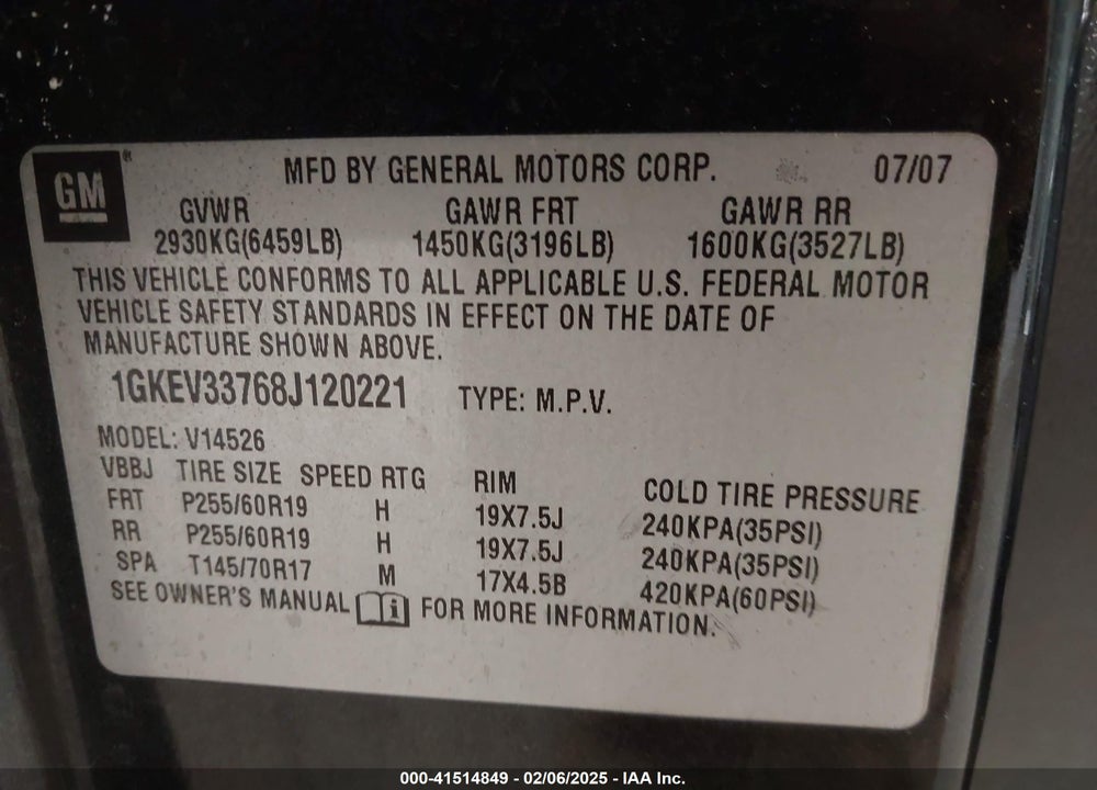 2008 GMC ACADIA SLT-2 VIN: 1GKEV33768J120221