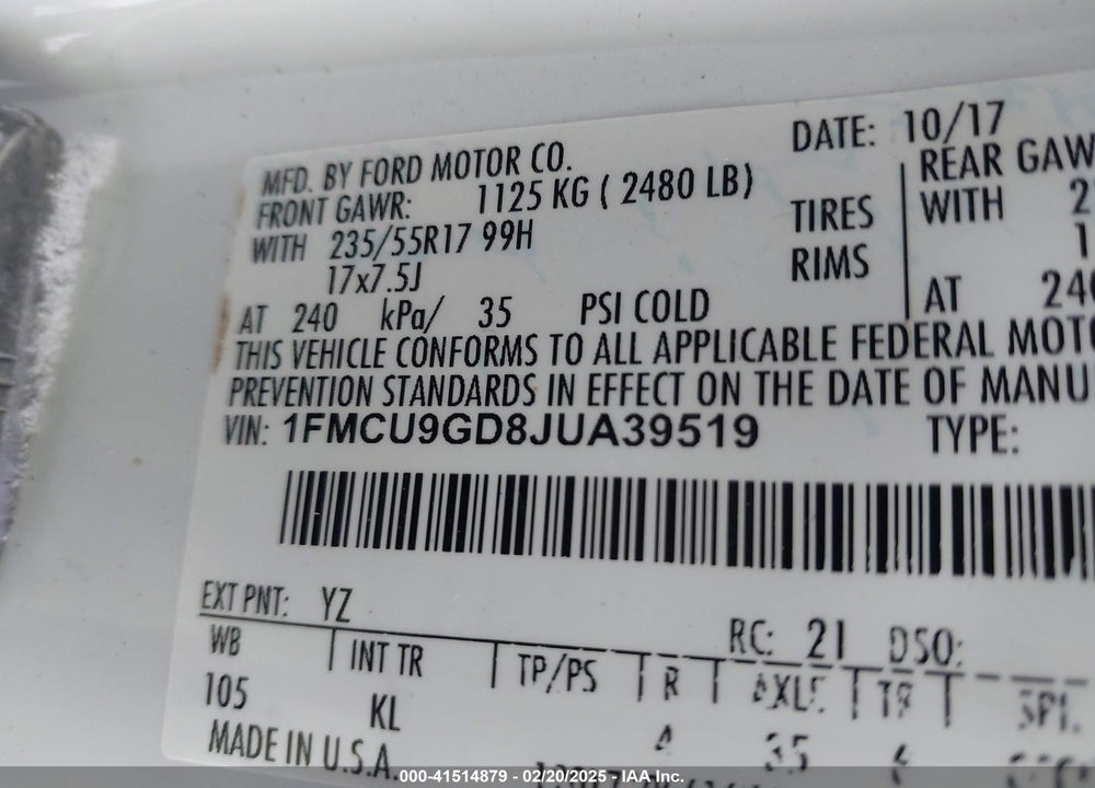 2018 FORD ESCAPE SE VIN: 1FMCU9GD8JUA39519