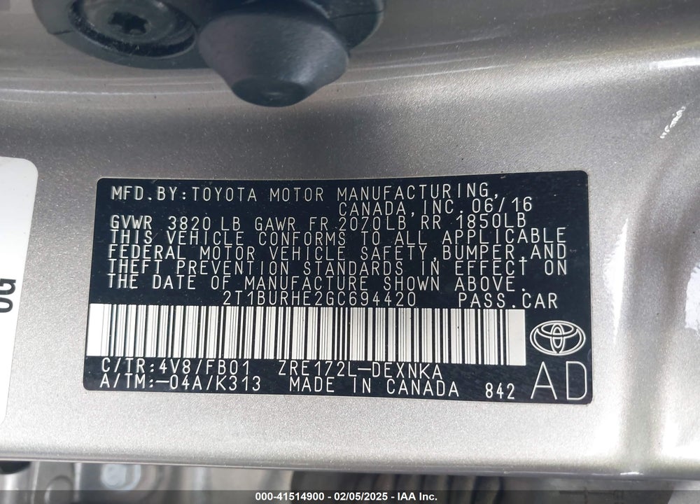 2016 TOYOTA COROLLA VIN: 2T1BURHE2GC694420
