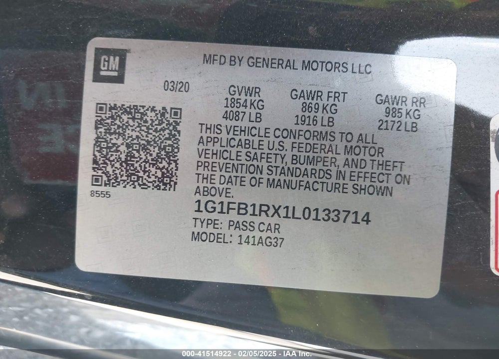 2020 CHEVROLET CAMARO VIN: 1G1FB1RX1L0133714