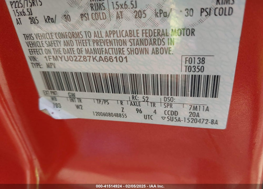 2007 FORD ESCAPE VIN: 1FMYU02Z87KA66101