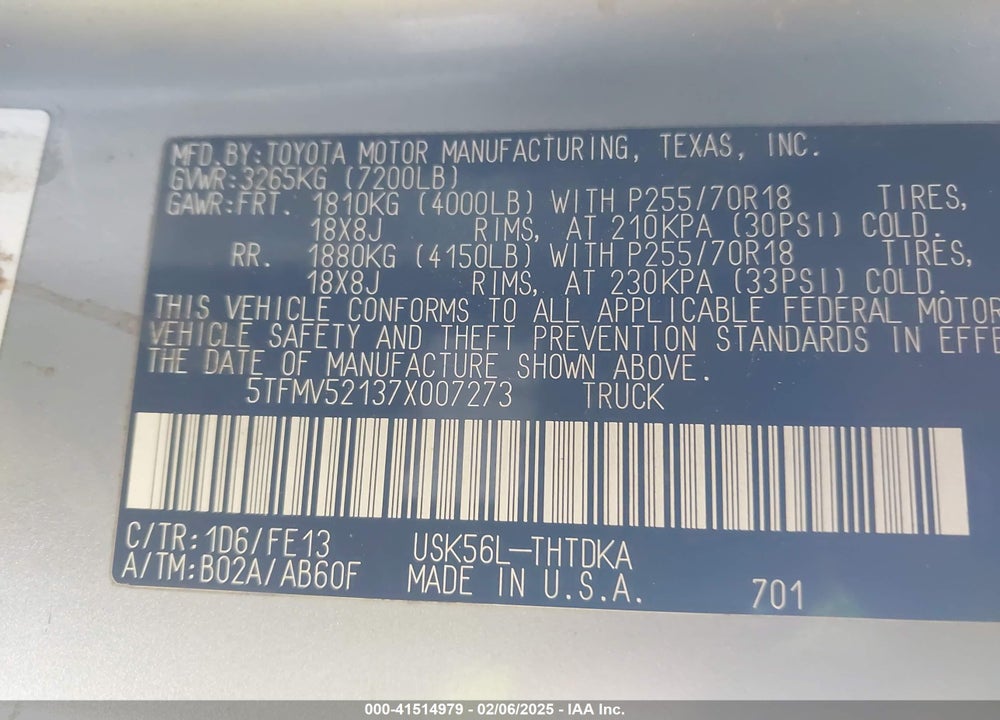 2007 TOYOTA TUNDRA BASE 5.7L V8 VIN: 5TFMV52137X007273