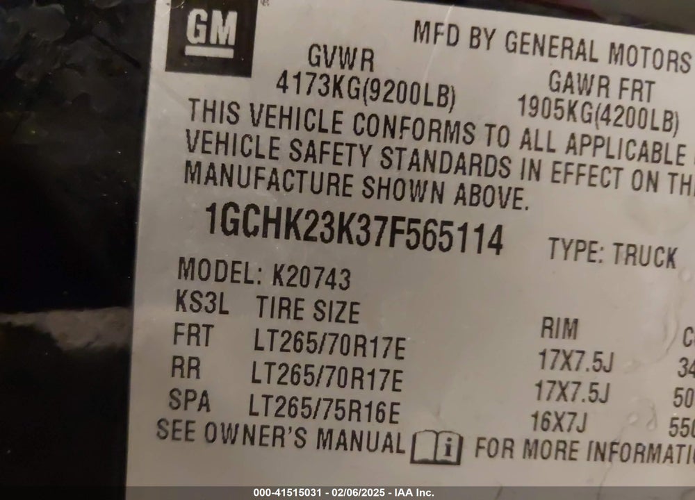 2007 CHEVROLET SILVERADO 2500HD VIN: 1GCHK23K37F565114