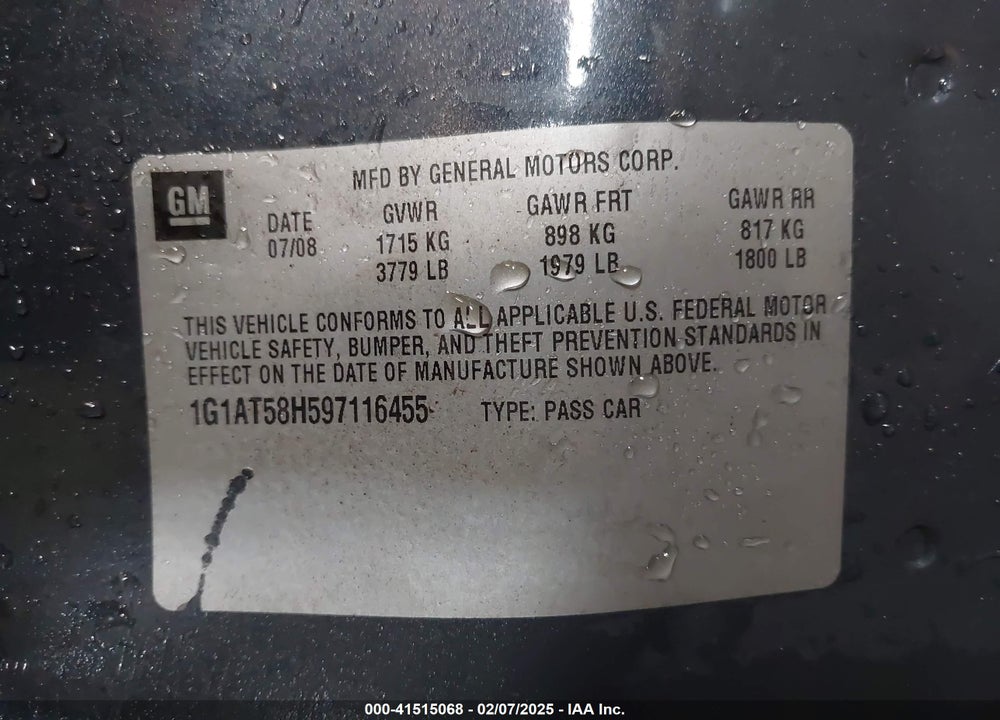 2009 CHEVROLET COBALT VIN: 1G1AT58H597116455