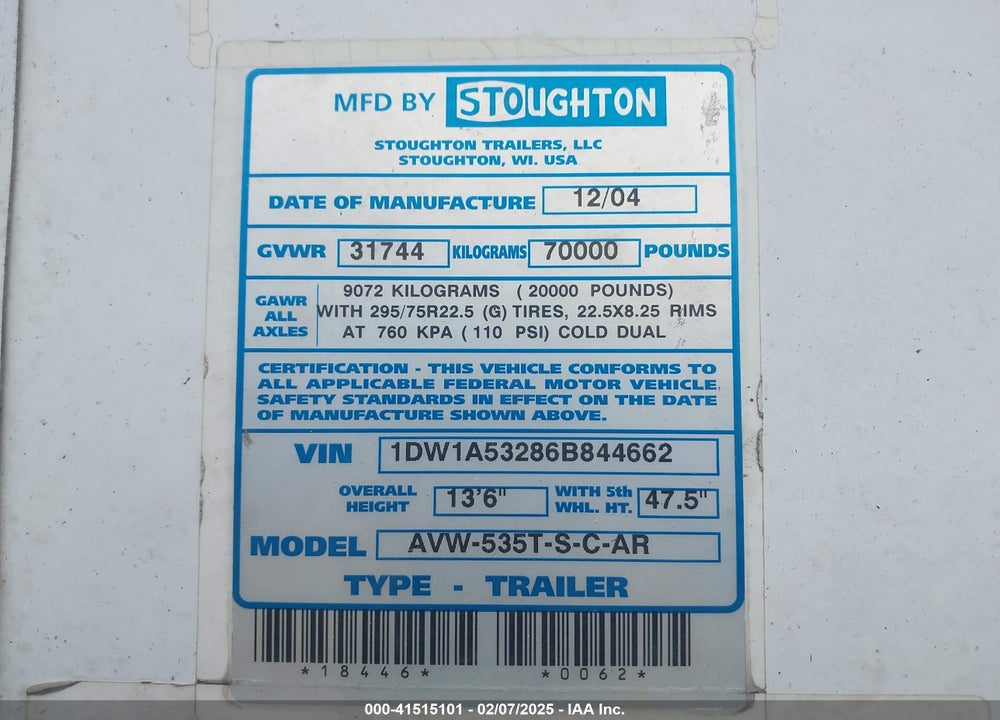 2006 STOUGHTON TRAILERS INC --- VIN: 1DW1A532868844662