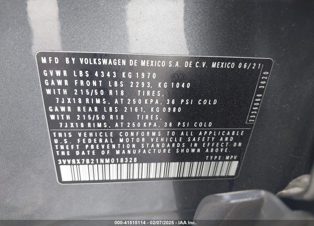 2022 VOLKSWAGEN TAOS VIN: 3VVRX7B21NM018328