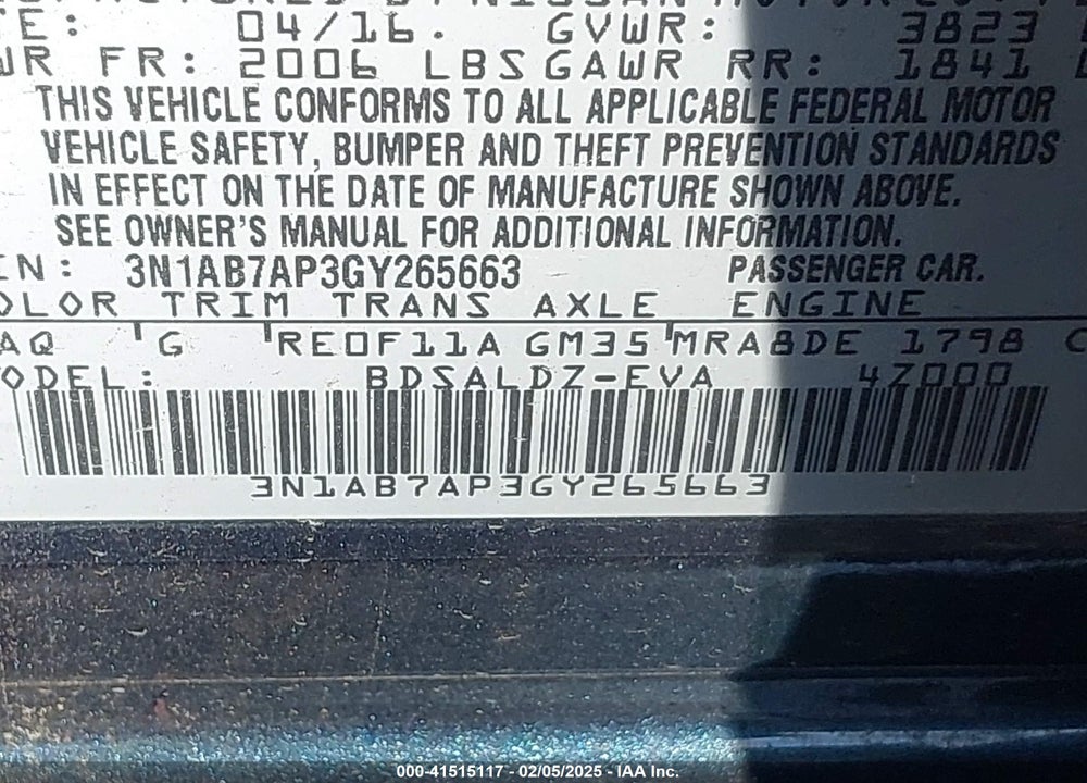 2016 NISSAN SENTRA VIN: 3N1AB7AP3GY265663