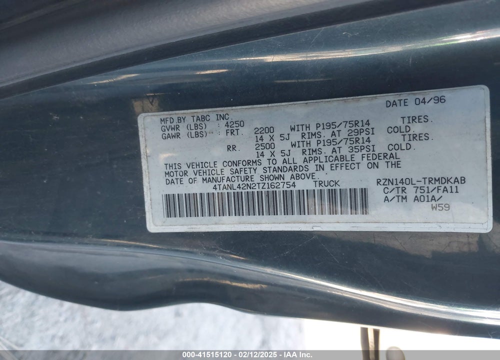 1996 TOYOTA TACOMA VIN: 4TANL42N2TZ162754