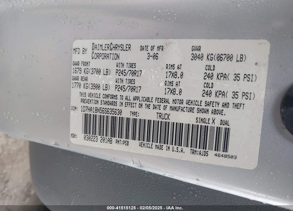 2006 DODGE RAM 1500 SLT VIN: 1D7HA18N56S635630