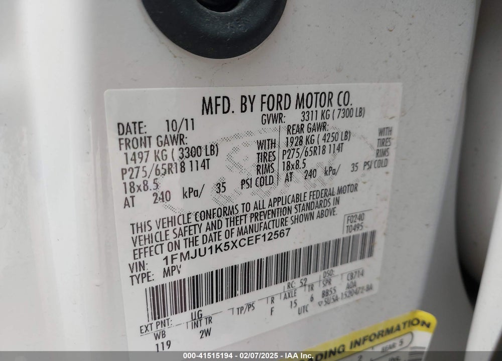 2012 FORD EXPEDITION VIN: 1FMJU1K5XCEF12567
