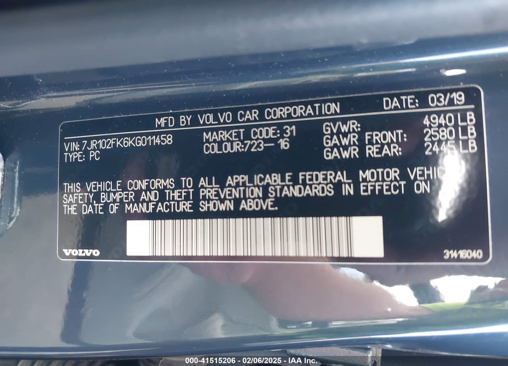 2019 VOLVO S60 VIN: 7JR102FK6KG011458
