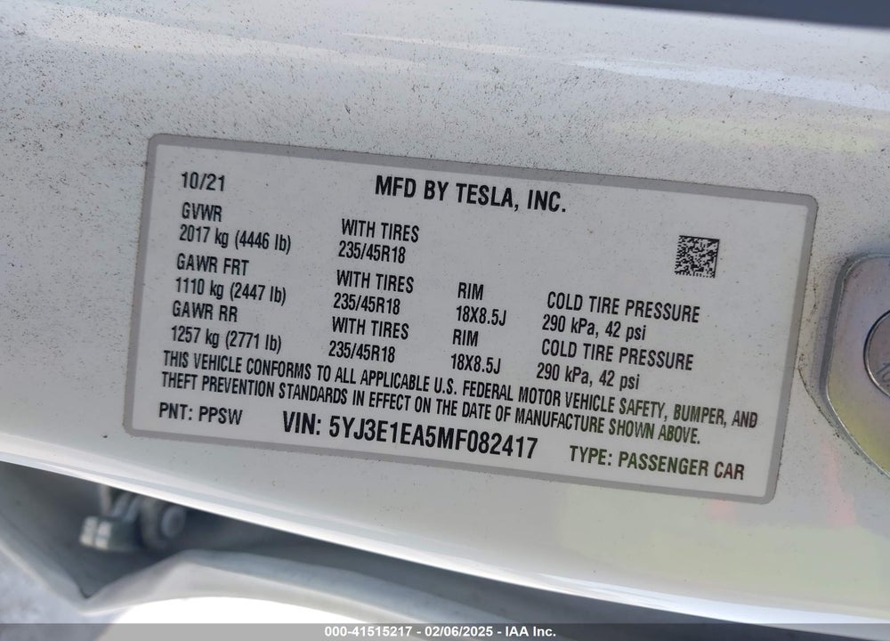 2021 TESLA MODEL 3 VIN: 5YJ3E1EA5MF082417